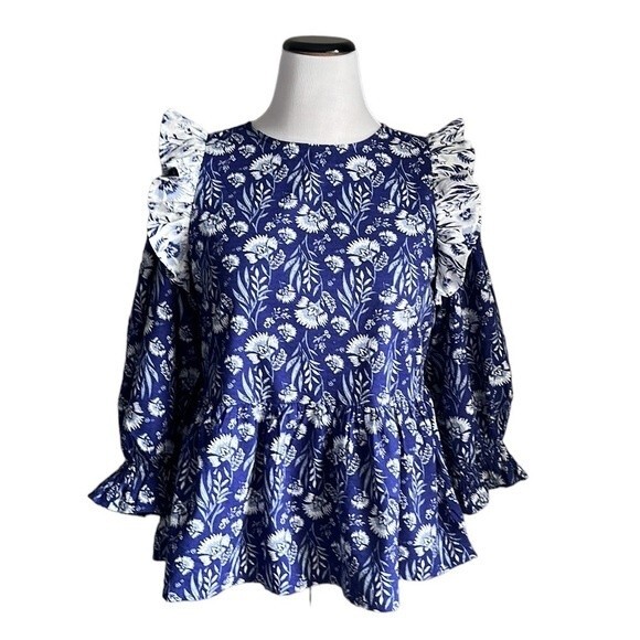Universal Thread Blue Floral Print Puff 3/4 Sleeve Ruffle Top Blouse Size Small - Picture 3 of 16